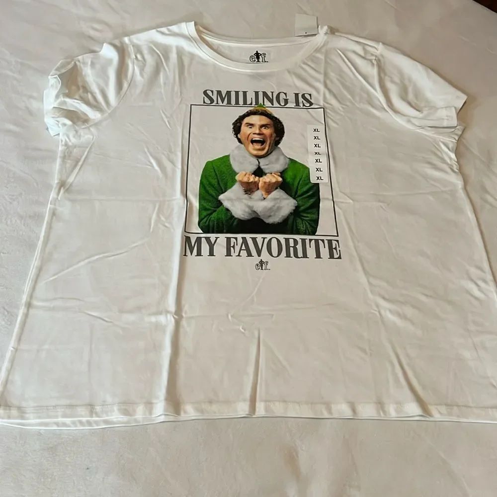 ELF SMILING IS MY FAVORITE Christmas Shirt Size XL Cotton Polyester White Green